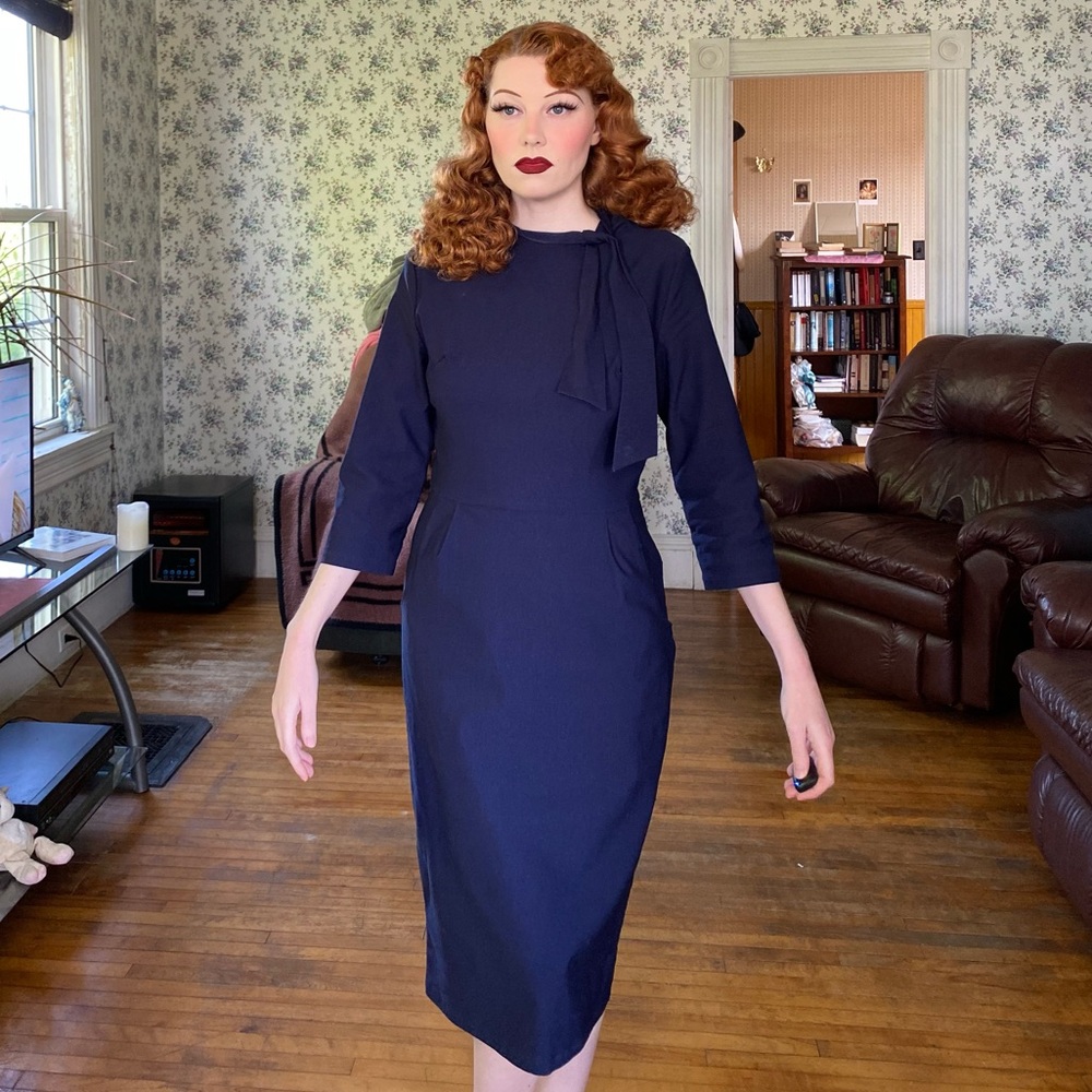 Amazon Blue Sheath Dress Mock Neck 3/4 Sleeve